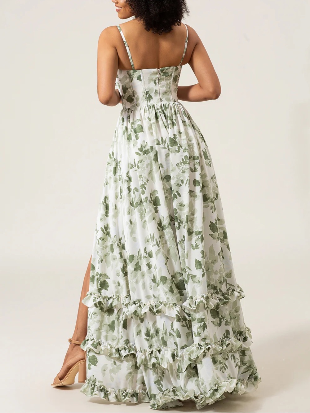 Women’s Green Leaf-Print Maxi Dress with Side Slit - Picture 6 of 9